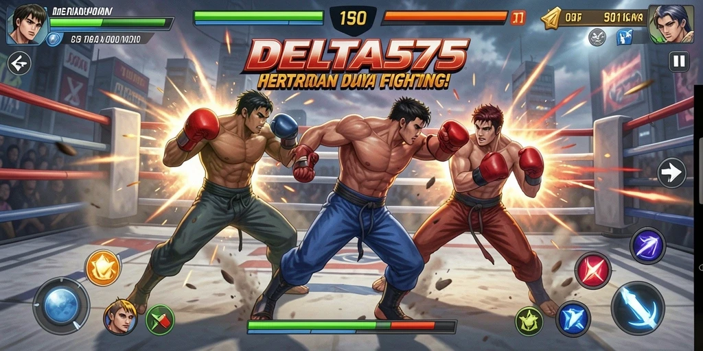 Screenshot gameplay DELTA575 menampilkan aksi pertarungan yang mendebarkan.
