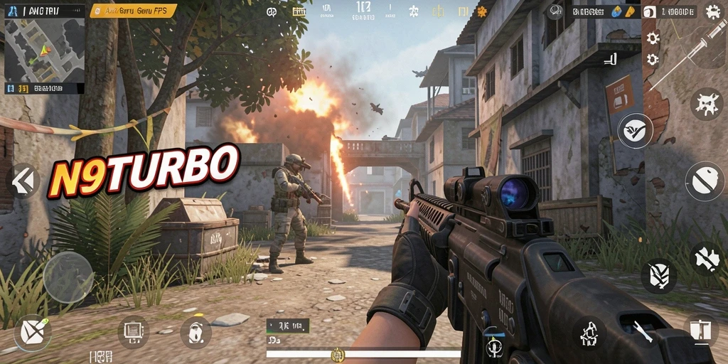 Screenshot N9TURBO menampilkan aksi seru dalam gameplay FPS.