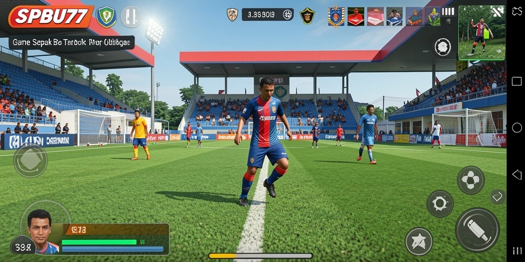 Screenshot gameplay SPBU77 yang menunjukkan aksi sepak bola yang intens.