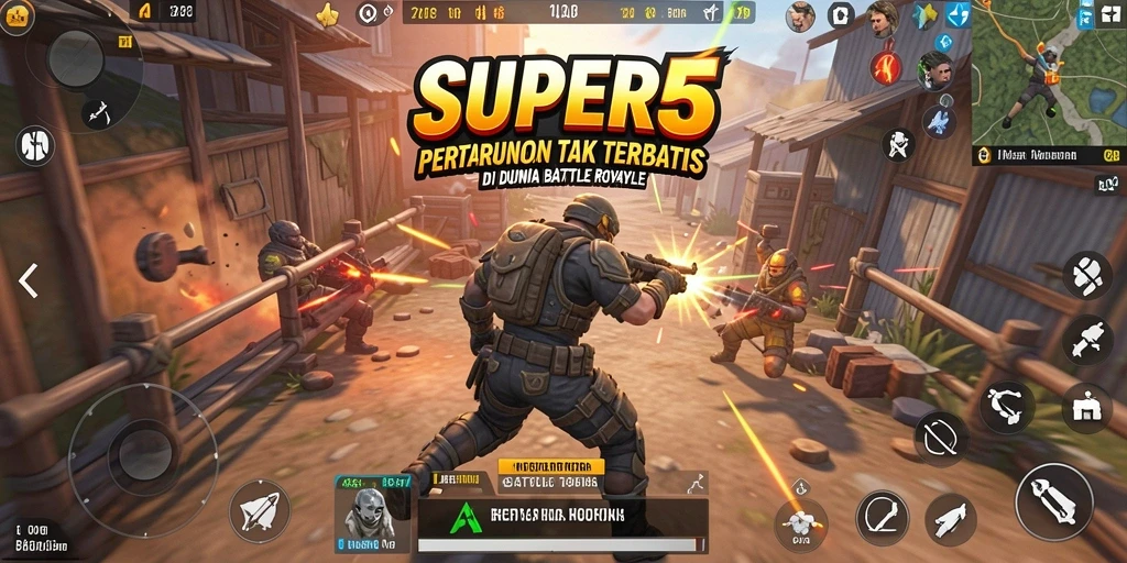Screenshot SUPER5 menampilkan aksi seru di medan perang Battle Royale.